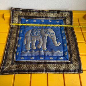 Thai Silk Pillow Cover Blue Gold Elephant 22” Square Decorative Cushion Case